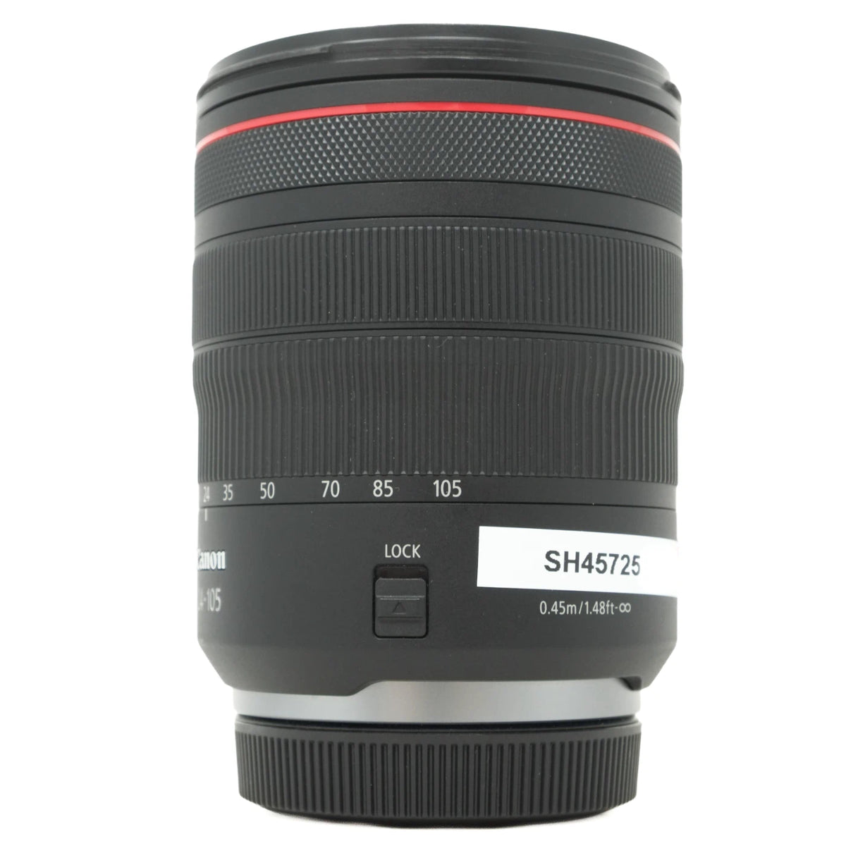 Canon EF 24-105mm f/4 L IS USM lens in black with a red accent ring, shown on a white background.