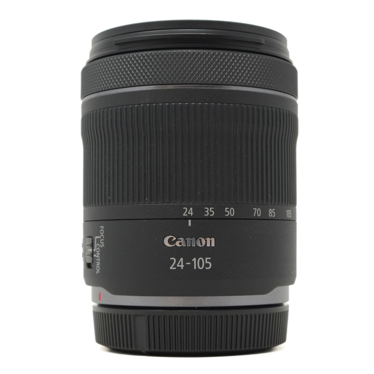Canon camera lens with focus scale and Canon logo on a white background