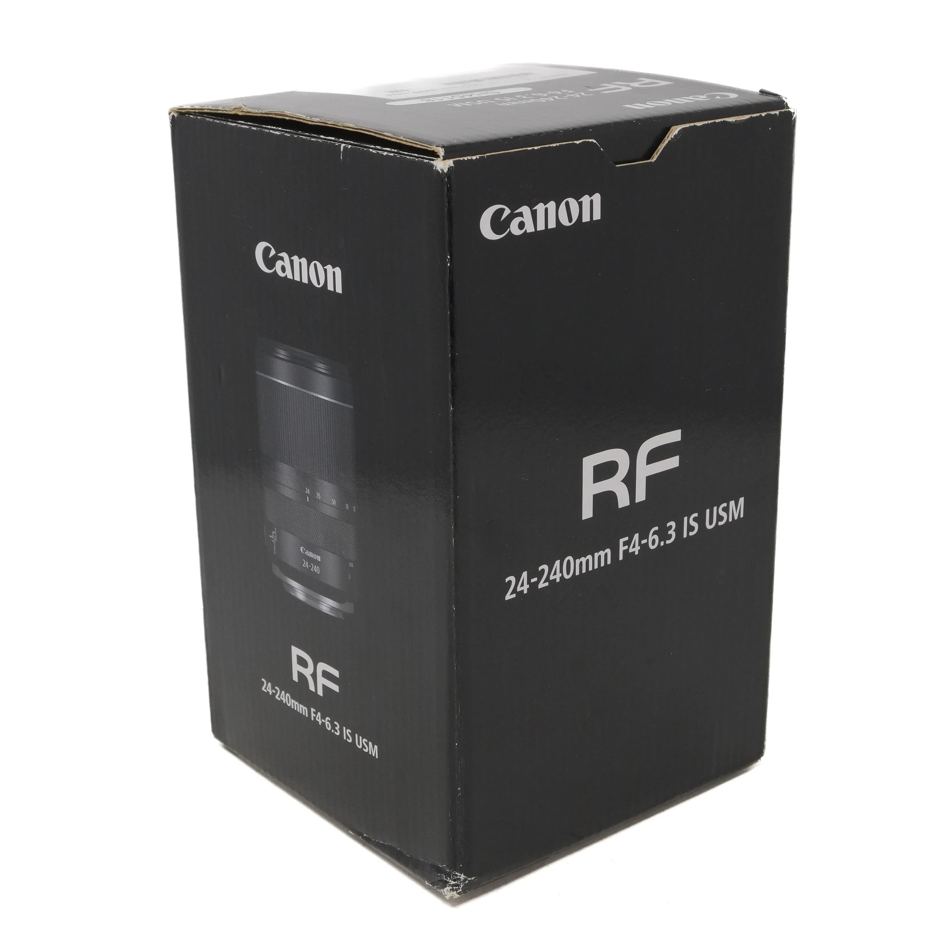 Canon camera lens packaging box on a white background