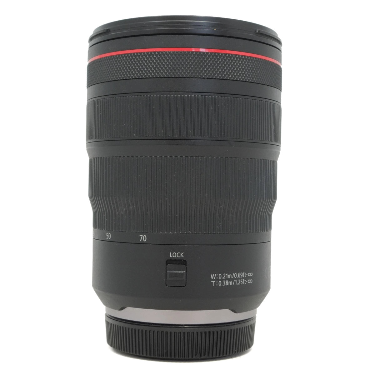 Camera lens with specifications on a white background