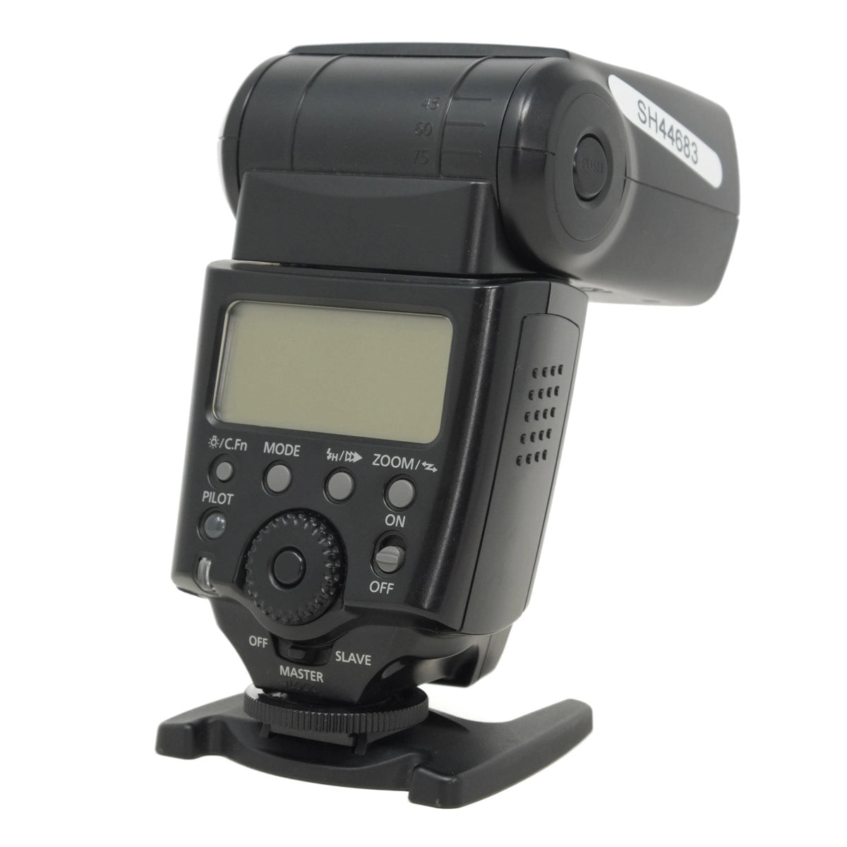 Black camera flash with digital display on a white background