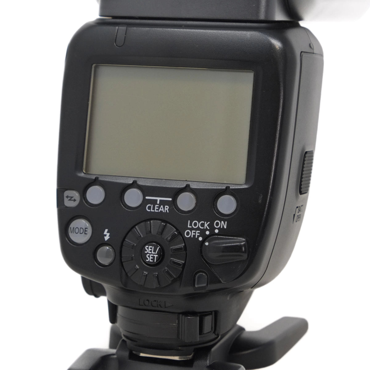 Camera flash with control panel and display on a white background
