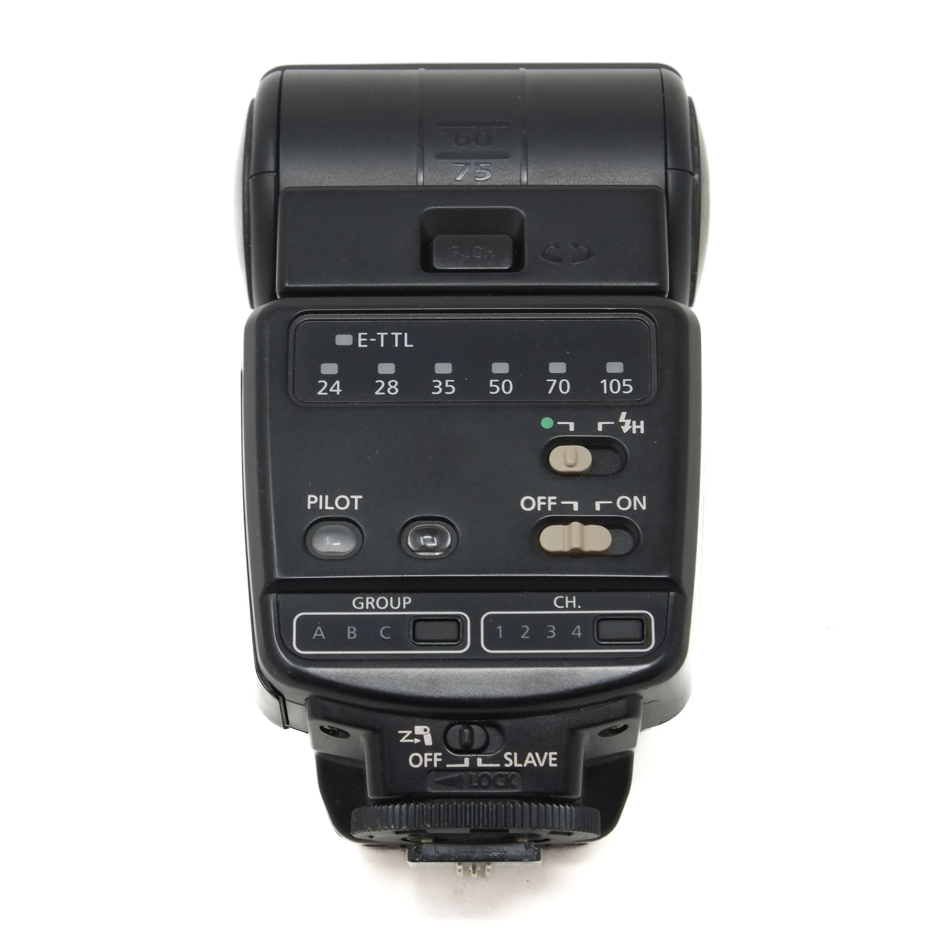 Black camera flash unit with control panel on a white background