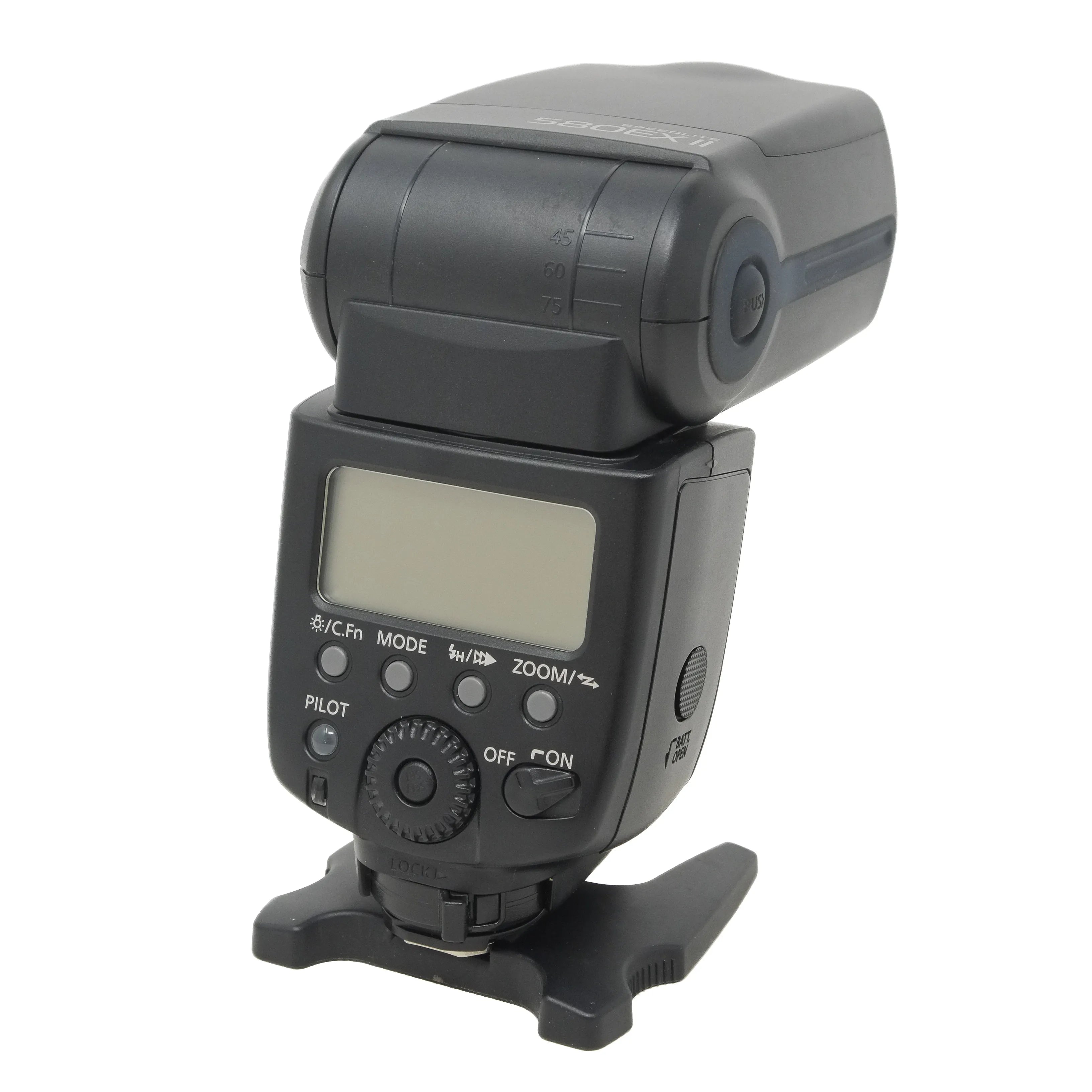 Camera flash with digital display on a white background