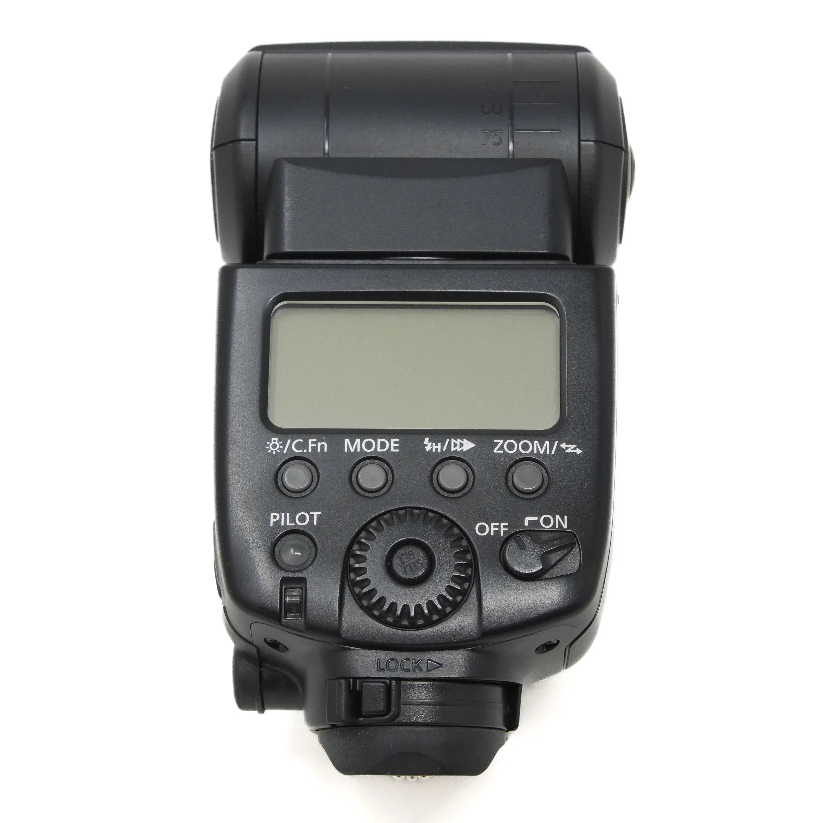 Black camera flash with digital display on a white background