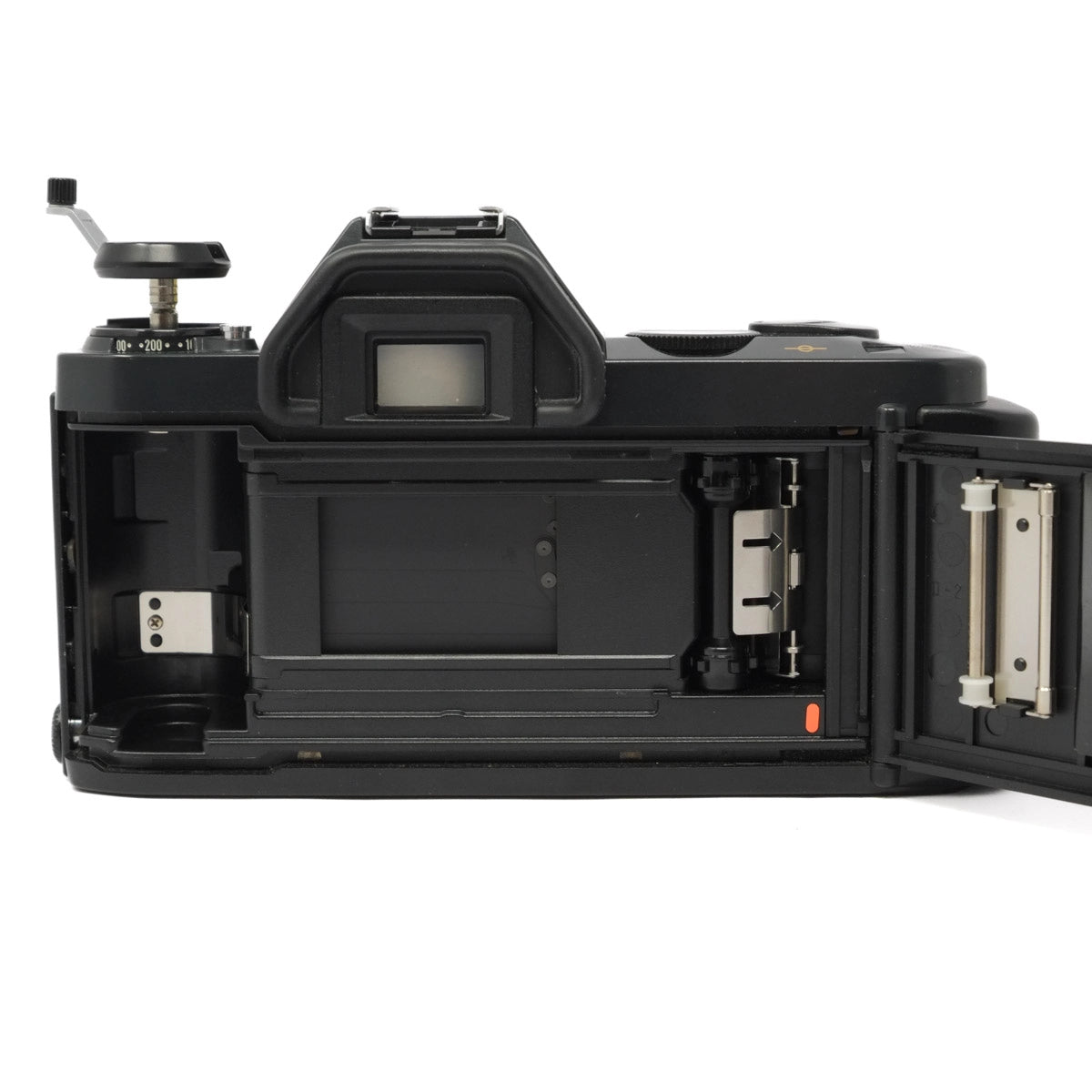 Camera body with open back cover on a white background