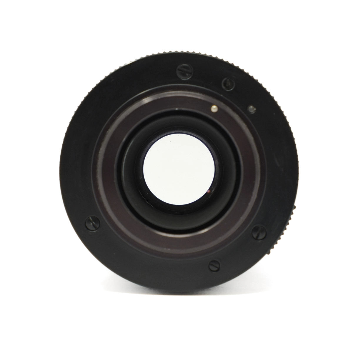 Black camera lens mount on a white background