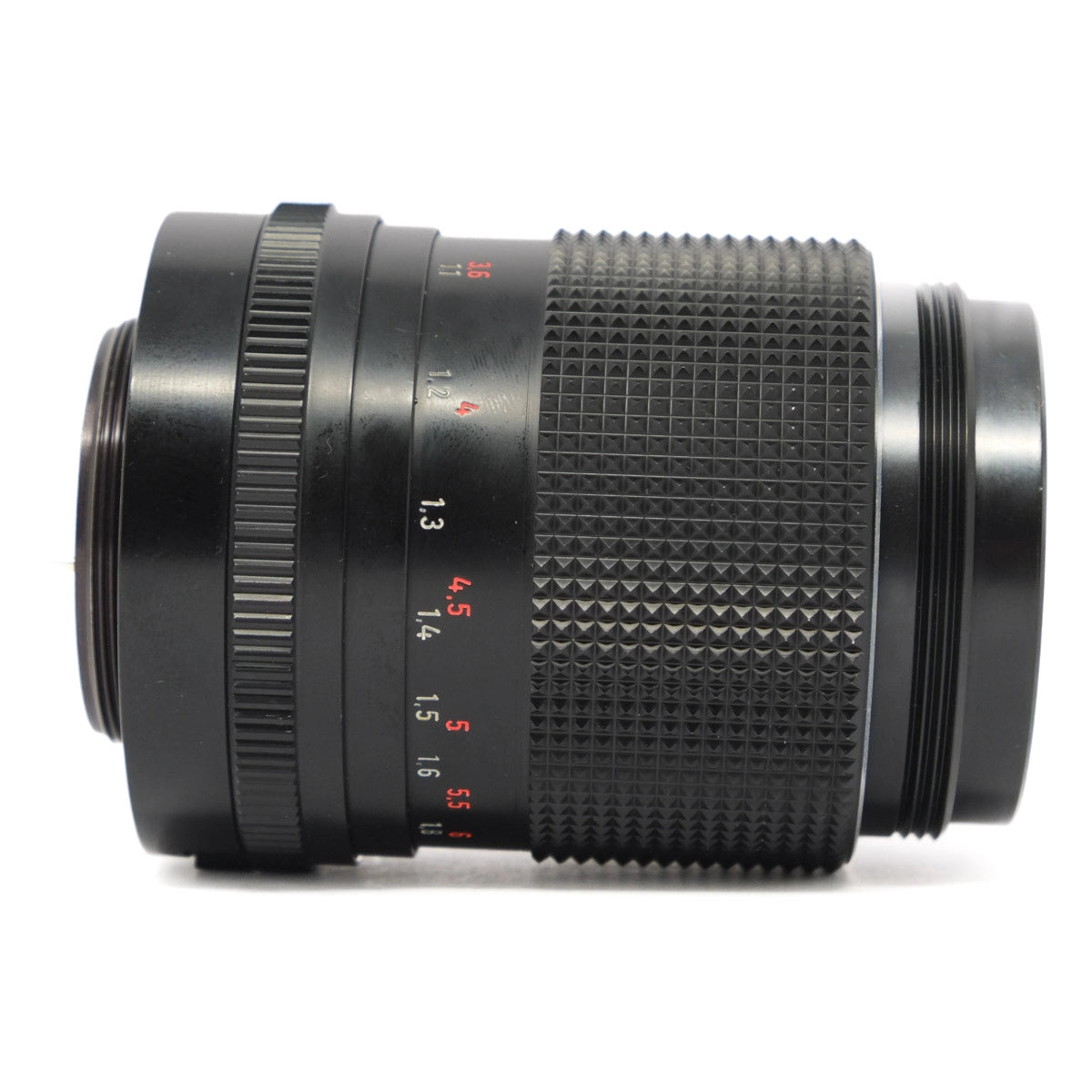 Camera lens with focus and aperture markings on a white background