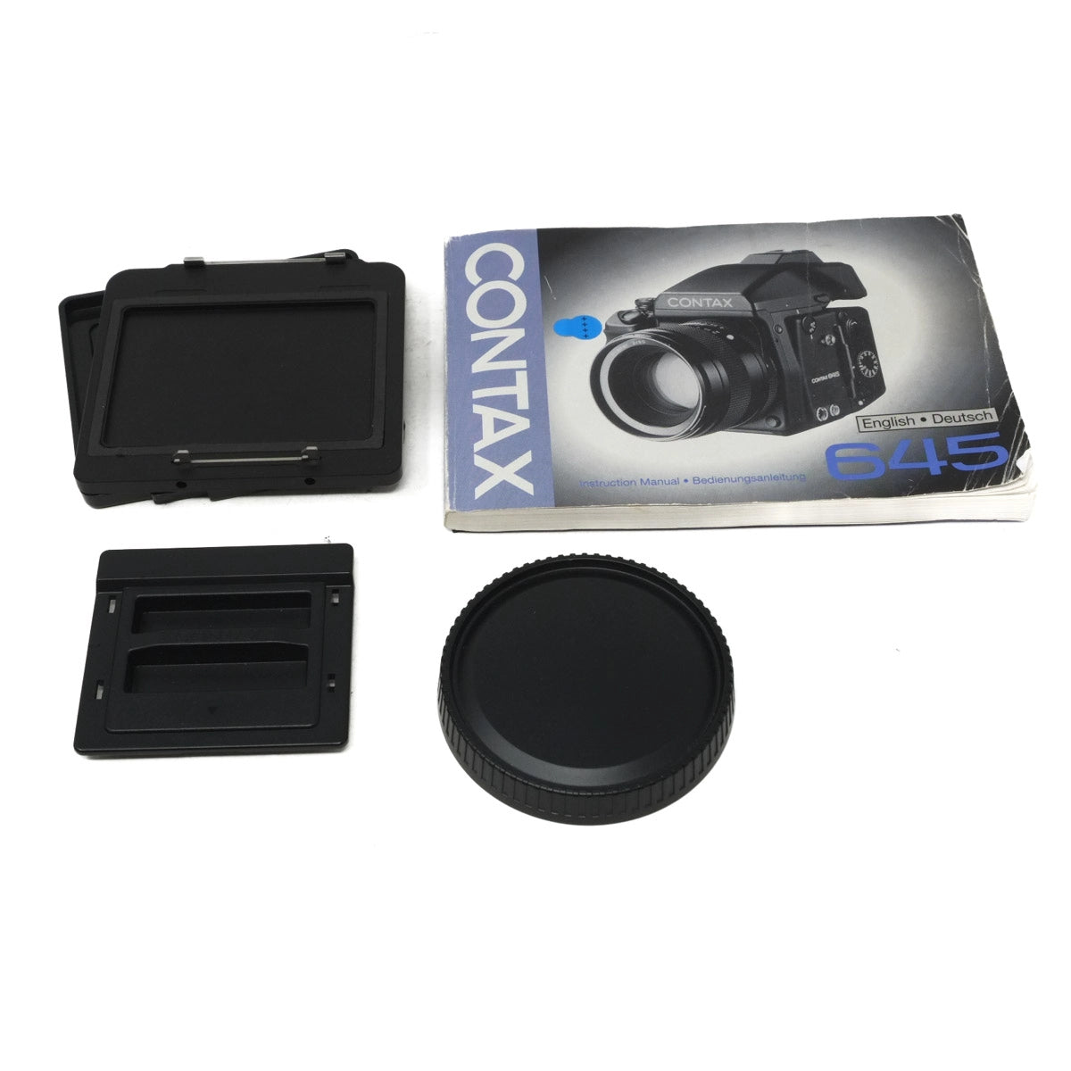 Used Contax 645 + Planer 80mm F2 Lens, x2 120 Film backs + Phase One IQ/80 Back - Body cap, film back caps and instructions 