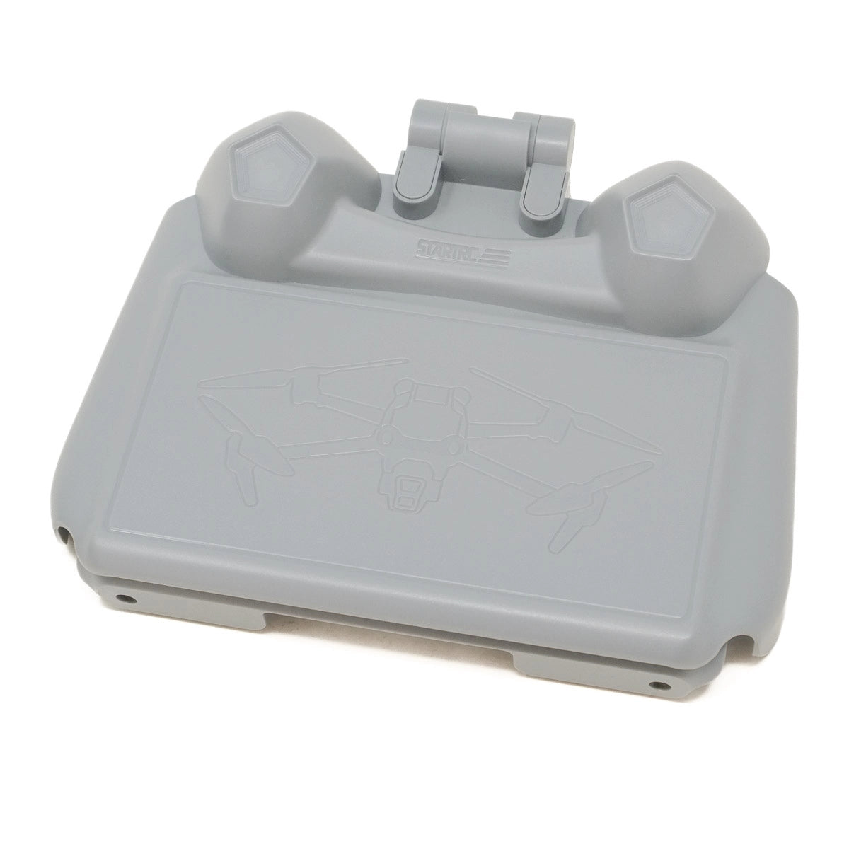 Gray plastic component with a clip on a white background