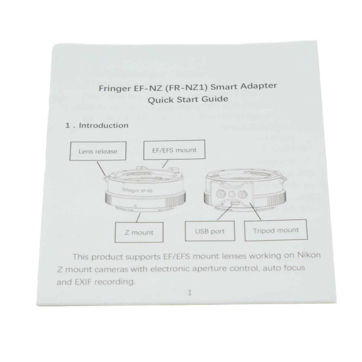 Used Fringer Smart Adaptor FR-NZ1 Canon EF to Nikon Z - instructions 