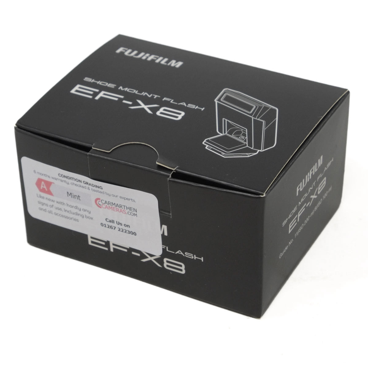 Black box packaging of Fujifilm EF-X8 shoe mount flash on a white background