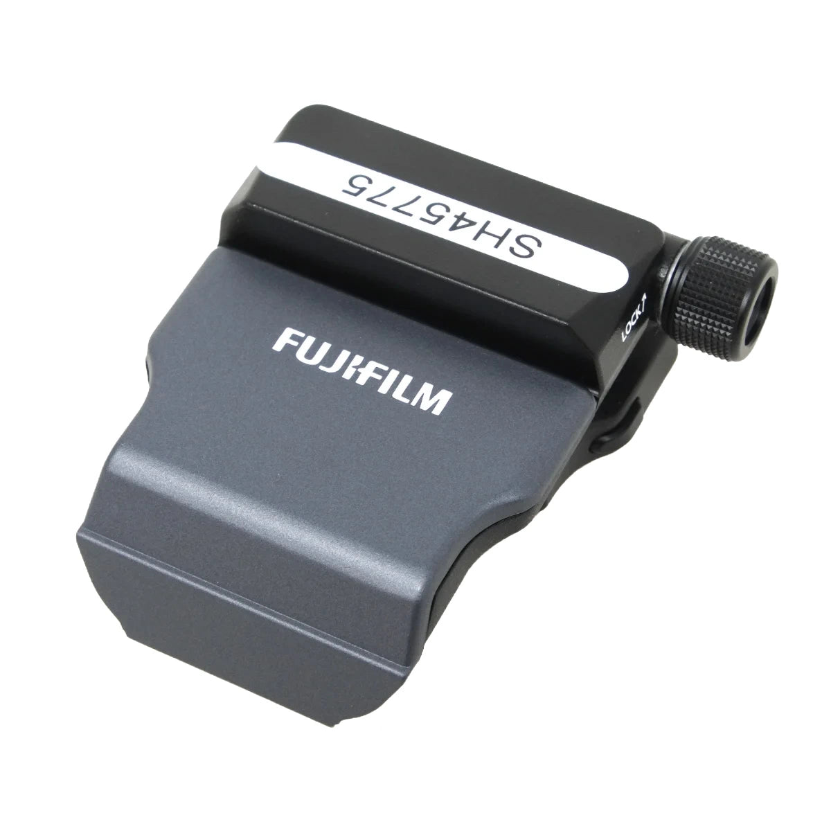 A black and dark gray Fujifilm camera accessory with a white label showing the model number SH45775, photographed on a solid white background.