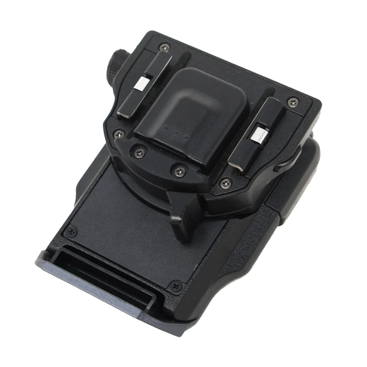 A black plastic quick-release strap or accessory mount with metal spring clips and screws, shown on a plain white background.