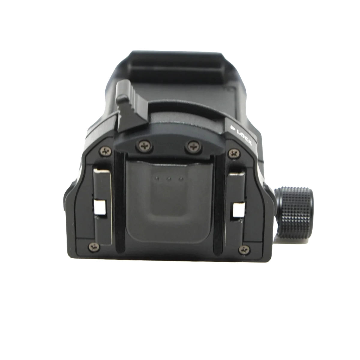 A black metal optical sight or camera accessory with a textured adjustment knob, photographed from the rear against a plain white background.