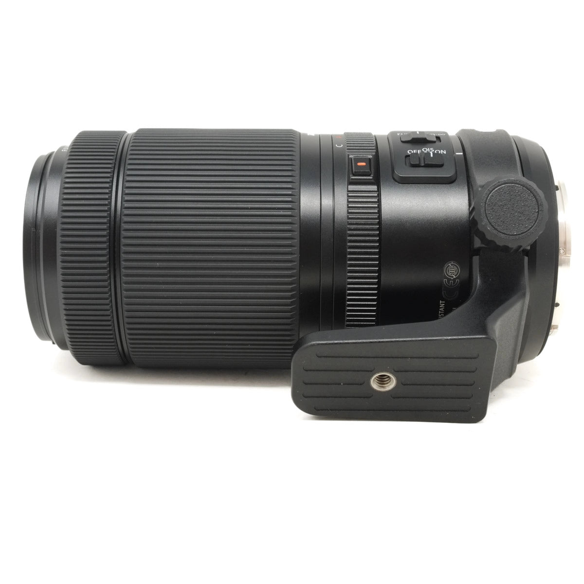 Camera lens with focus ring and control buttons on a white background
