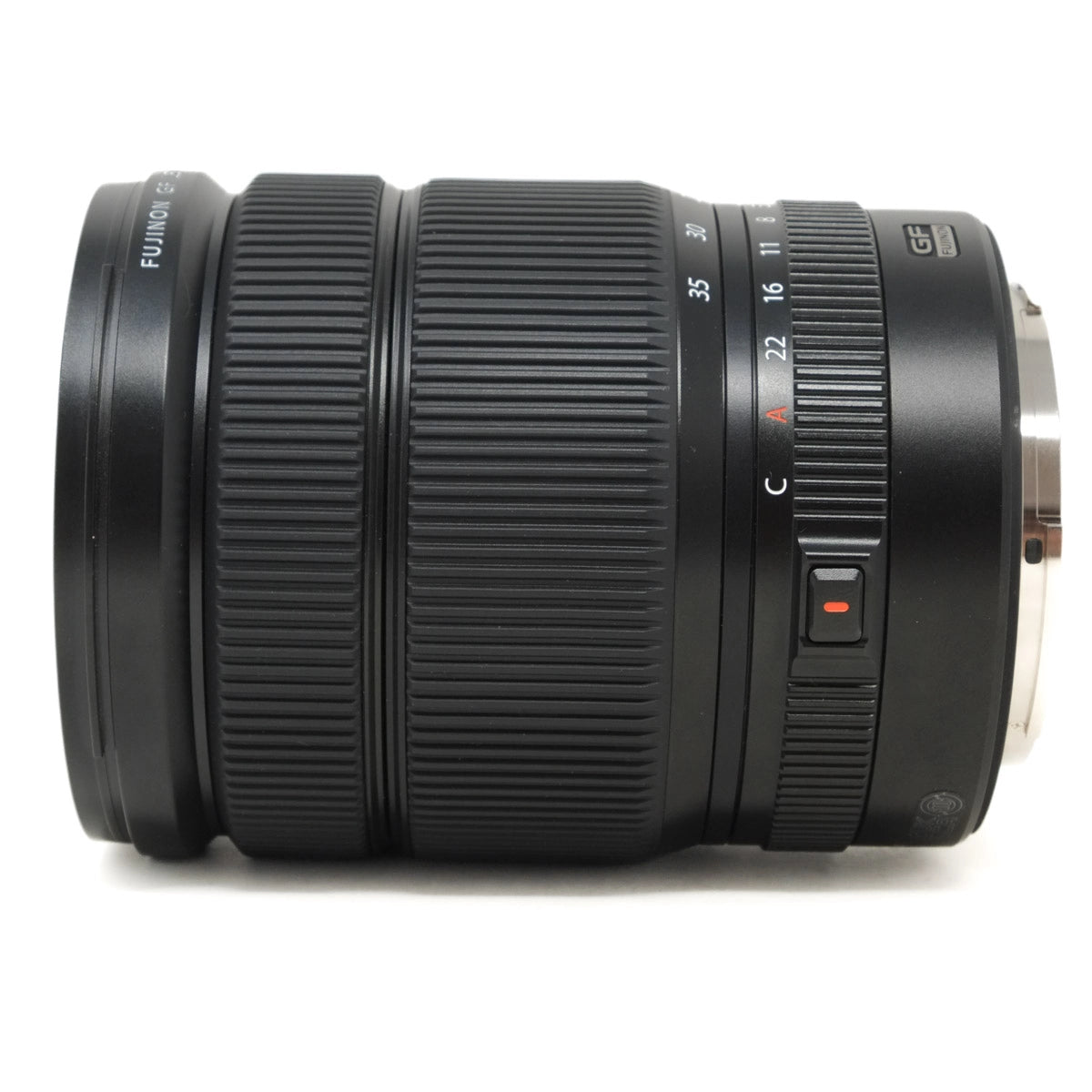 Camera lens with focus and aperture control on a white background