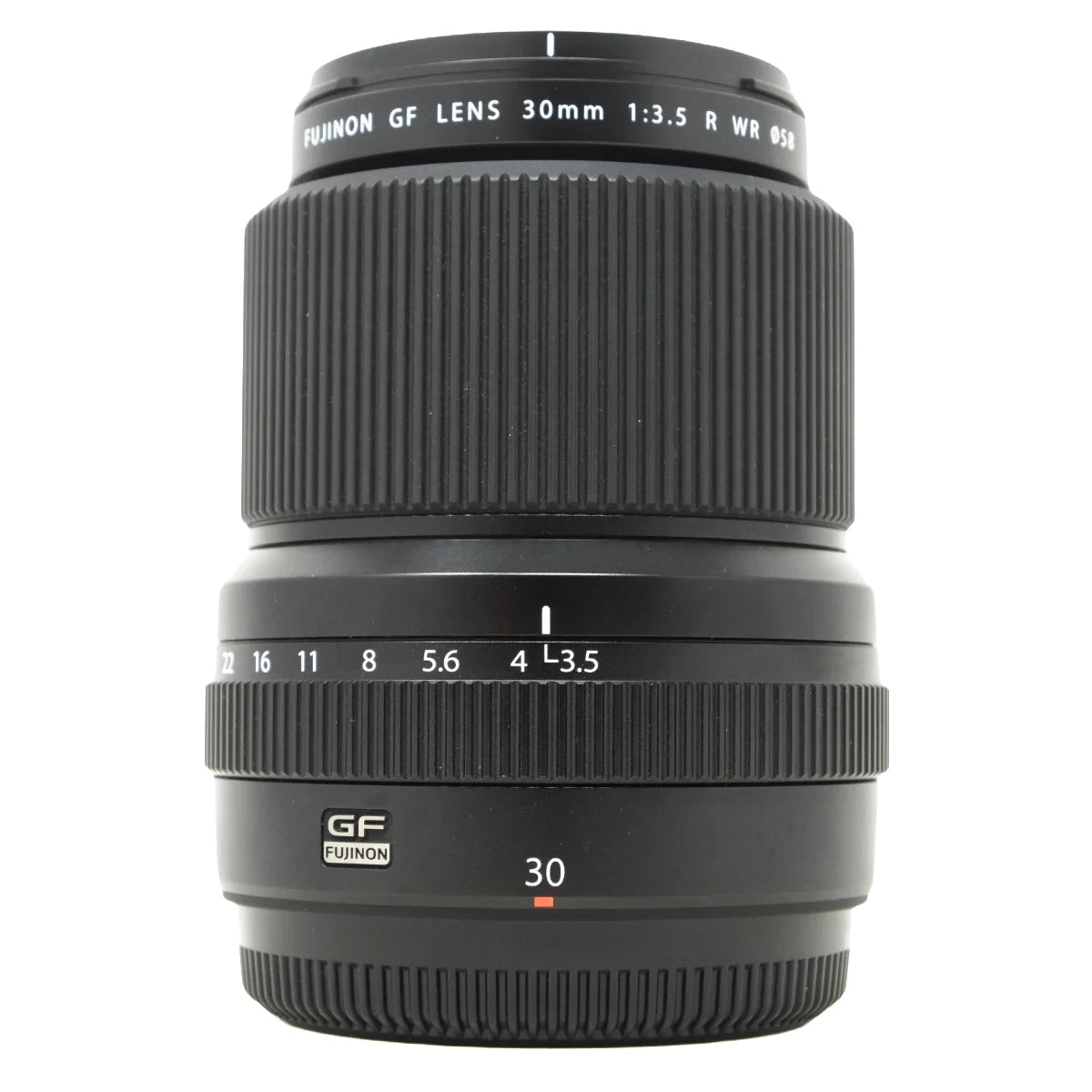 A black Fujinon GF 30mm f/1.5 WR sports lens with white text markings and a small red '30' indicator, shown against a plain white background.