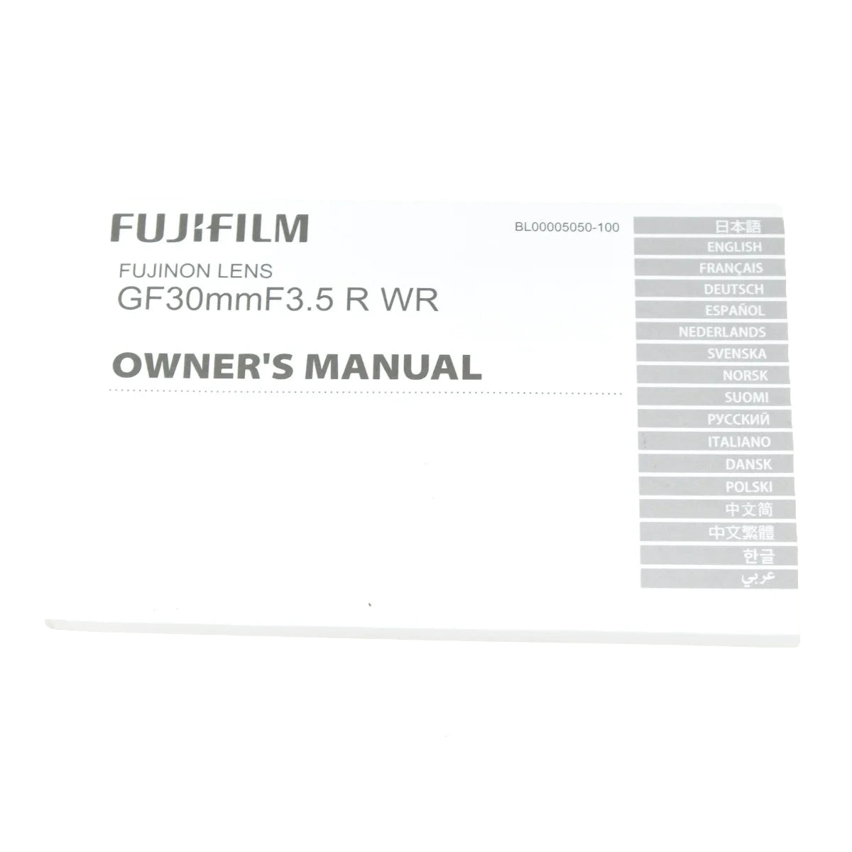 A white Fujifilm lens owner's manual cover for the GF30mm F3.5 R WR, featuring black text and a gray sidebar listing multiple language options on the right.