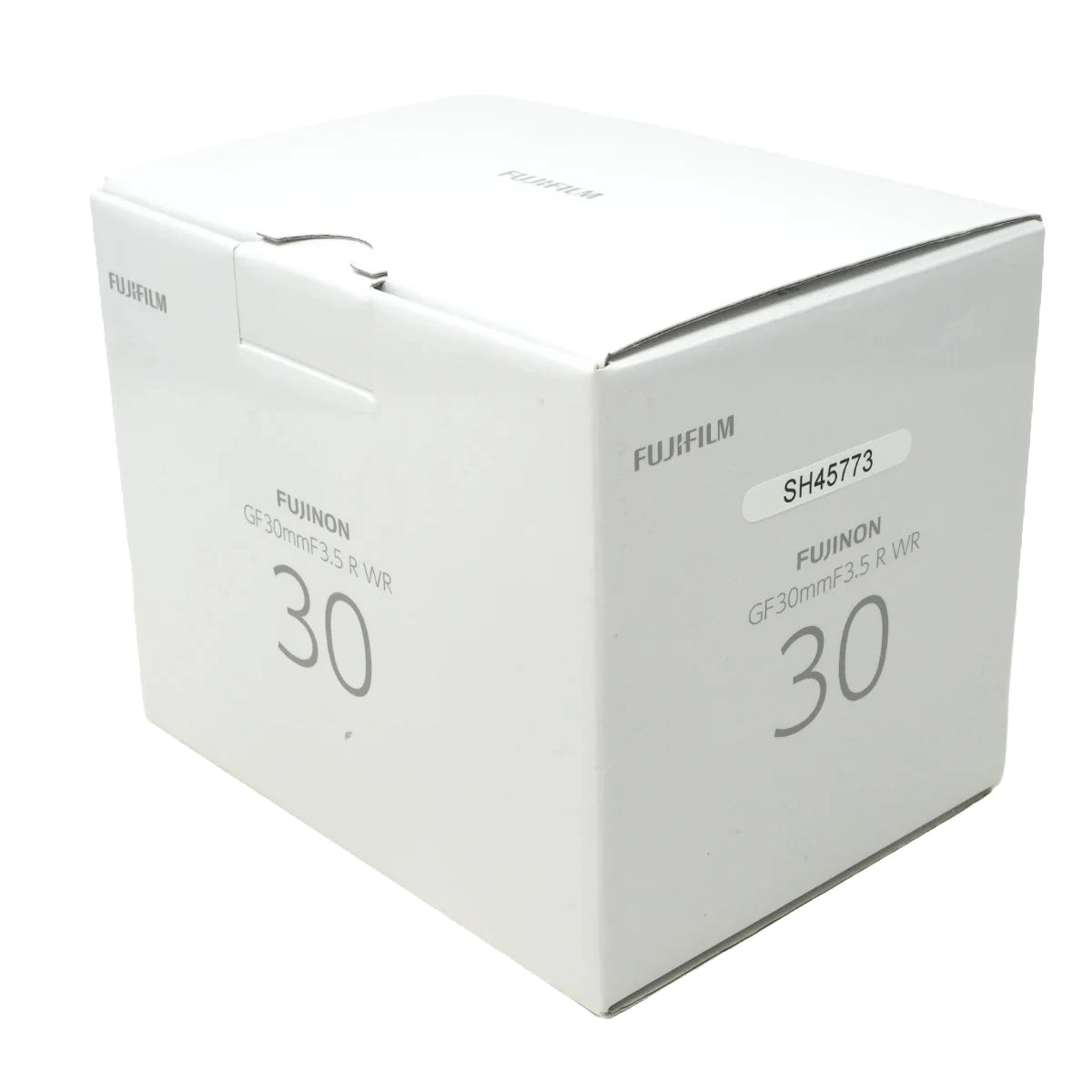 Fujifilm Fujinon GF30mm F3.5 R WR camera box, model SH45773, in white cardboard packaging.