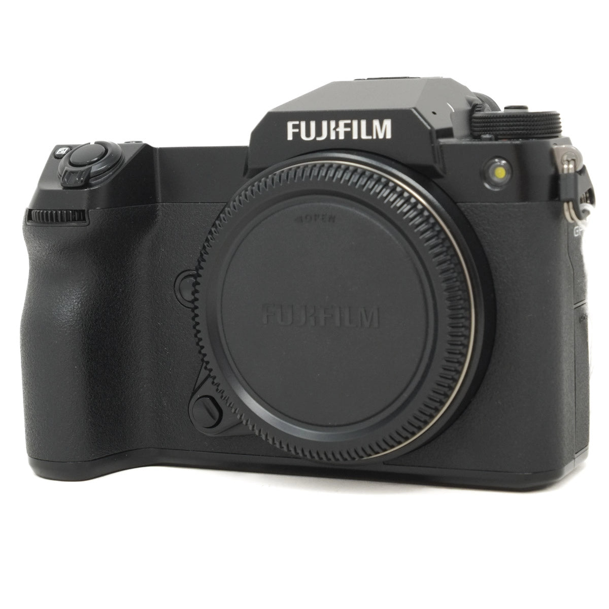 Black Fujifilm camera body on a white background
