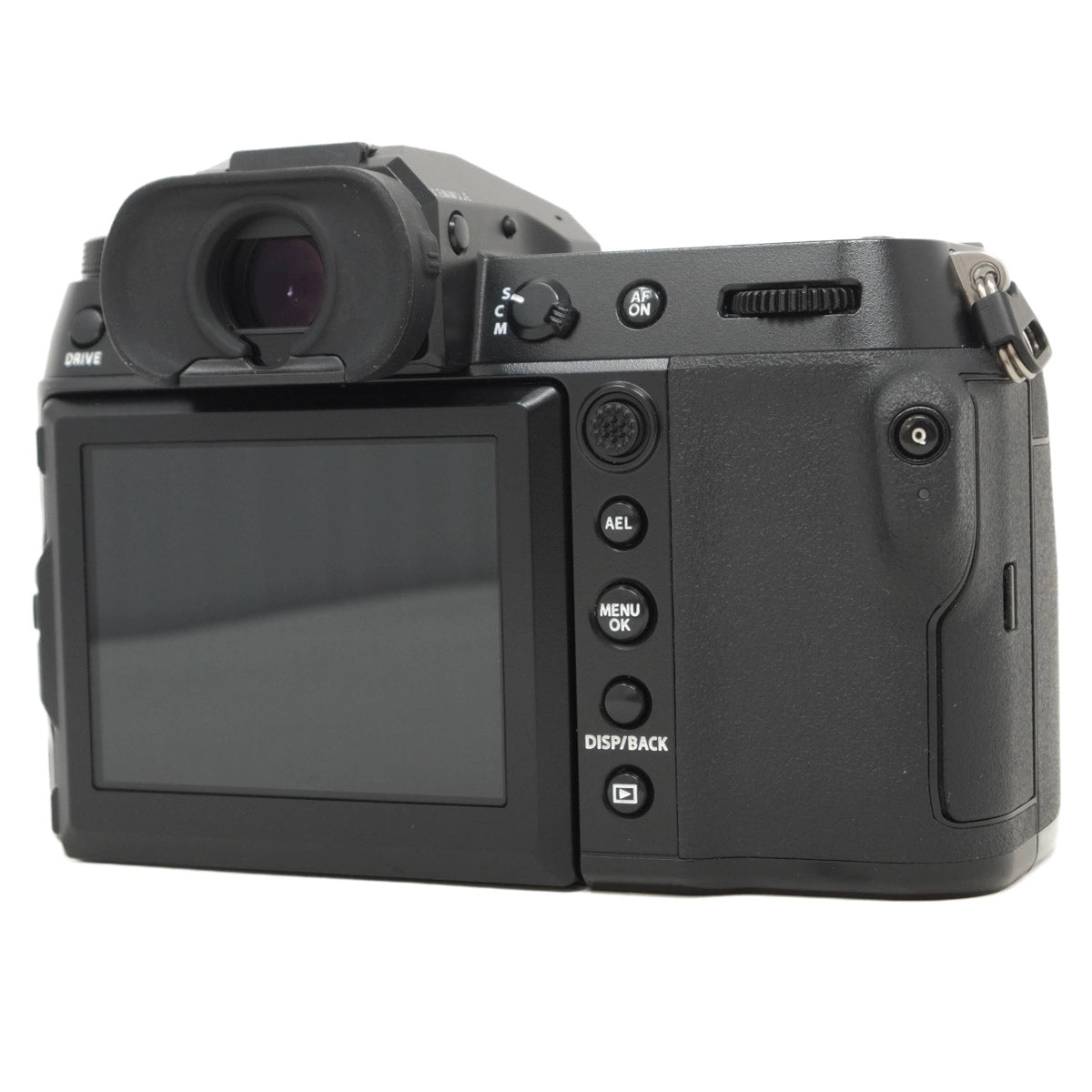 Black camera body with screen and control buttons on a white background