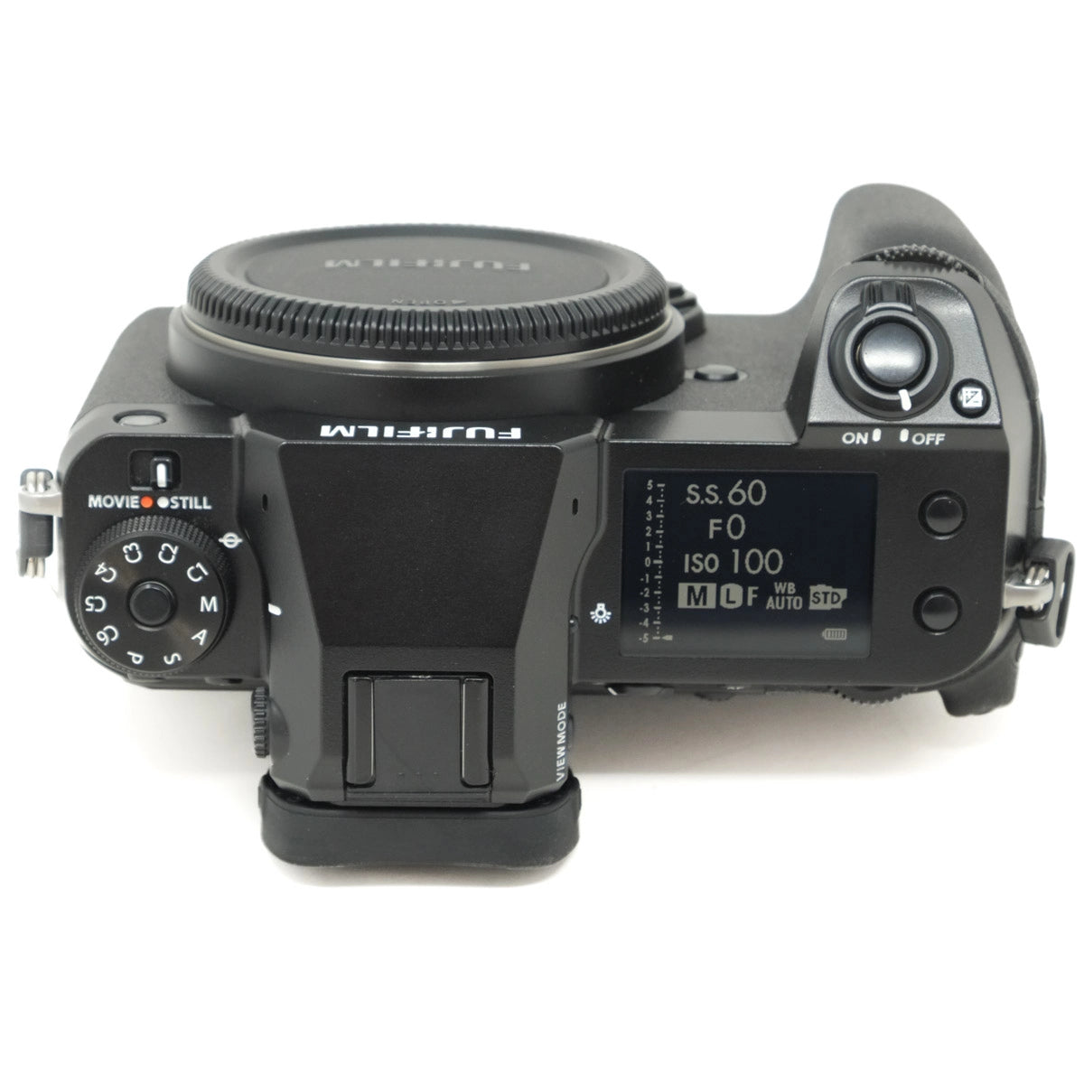 Top view of a Fujifilm camera on a white background