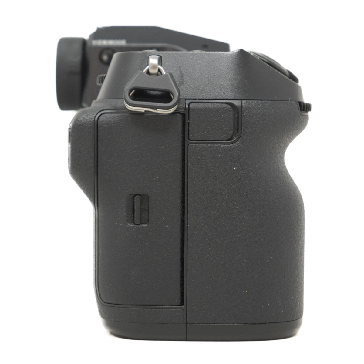 Black camera body on a white background
