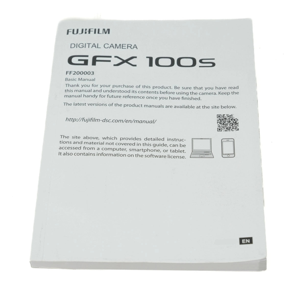 Fujifilm GFX 100S digital camera manual on a white background