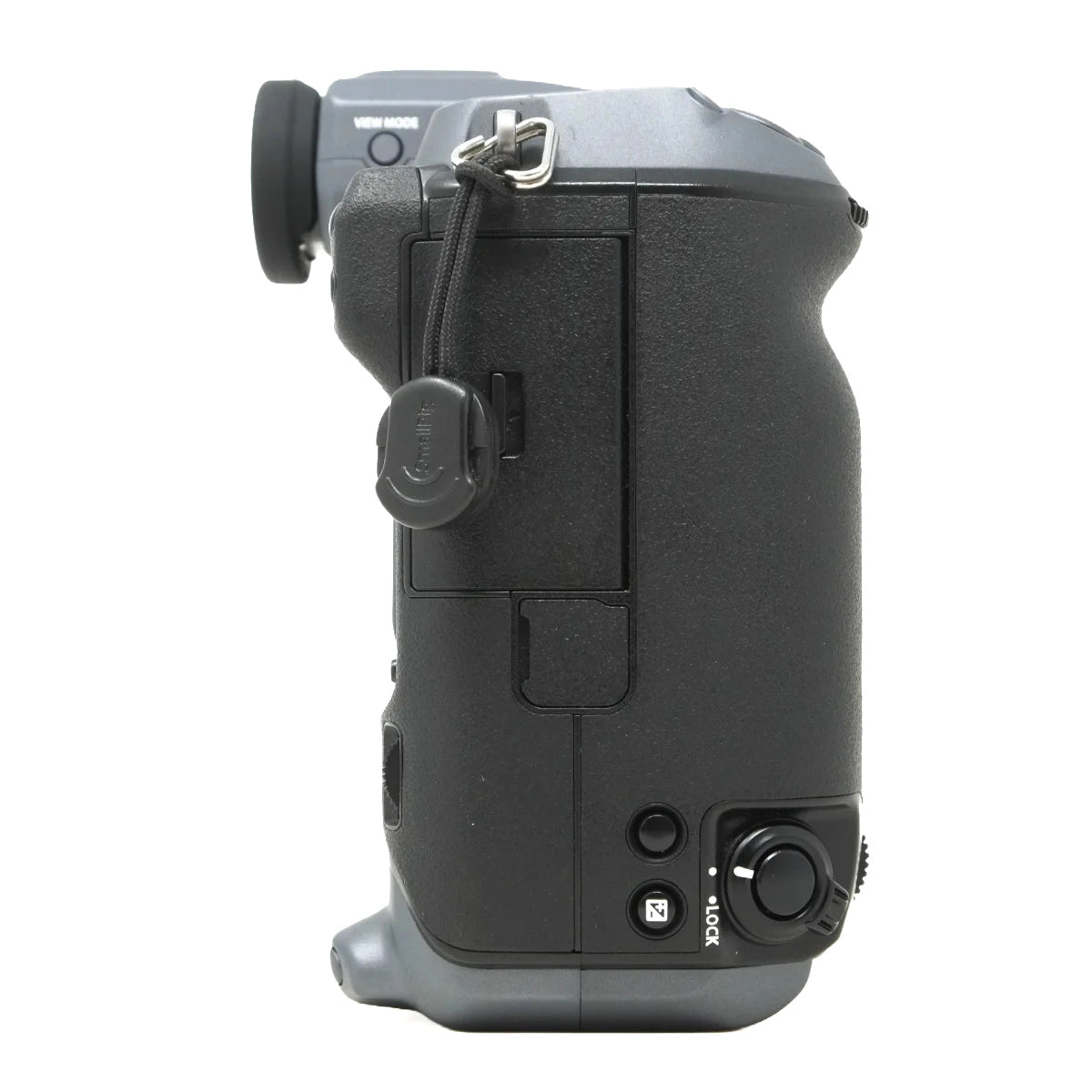 A side profile view of a camera body with an attached vertical grip handle, featuring a gray top and bottom with a textured black grip in the middle, shown on a white background.