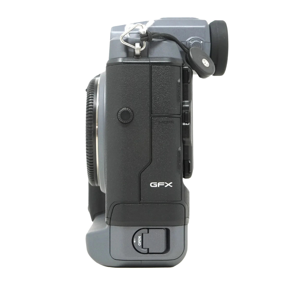 A side profile view of a black and gray GFX camera body with an attached eyepiece, shown against a solid white background.