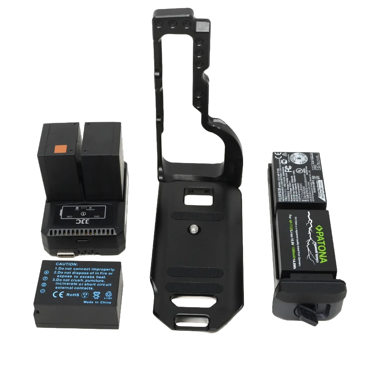 A black camera battery charger and battery kit, including a dual-port battery charger, a vertical grip handle, and two Opzima NP-F battery packs on a white background.