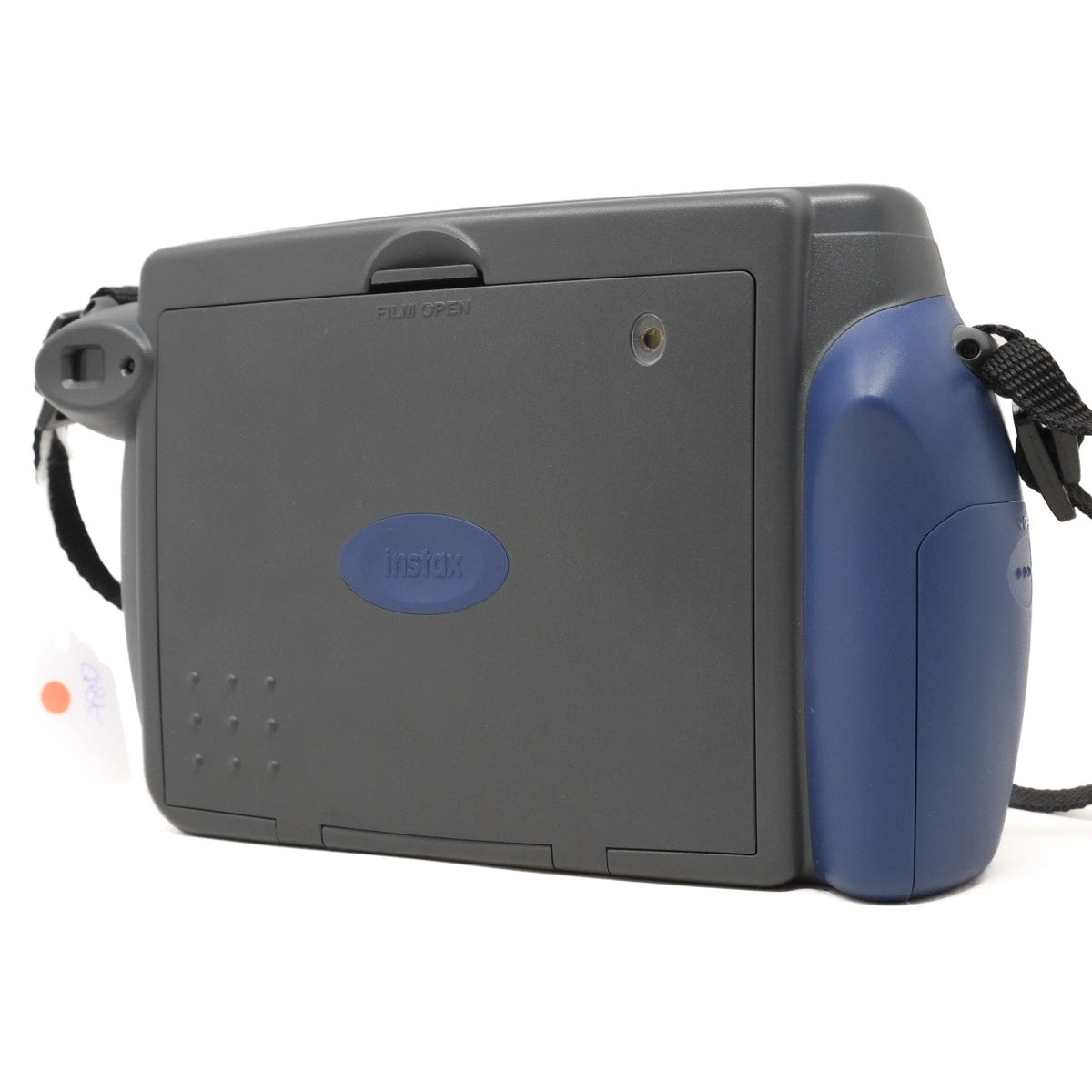 Gray and blue electronic device with a visible brand logo on a white background