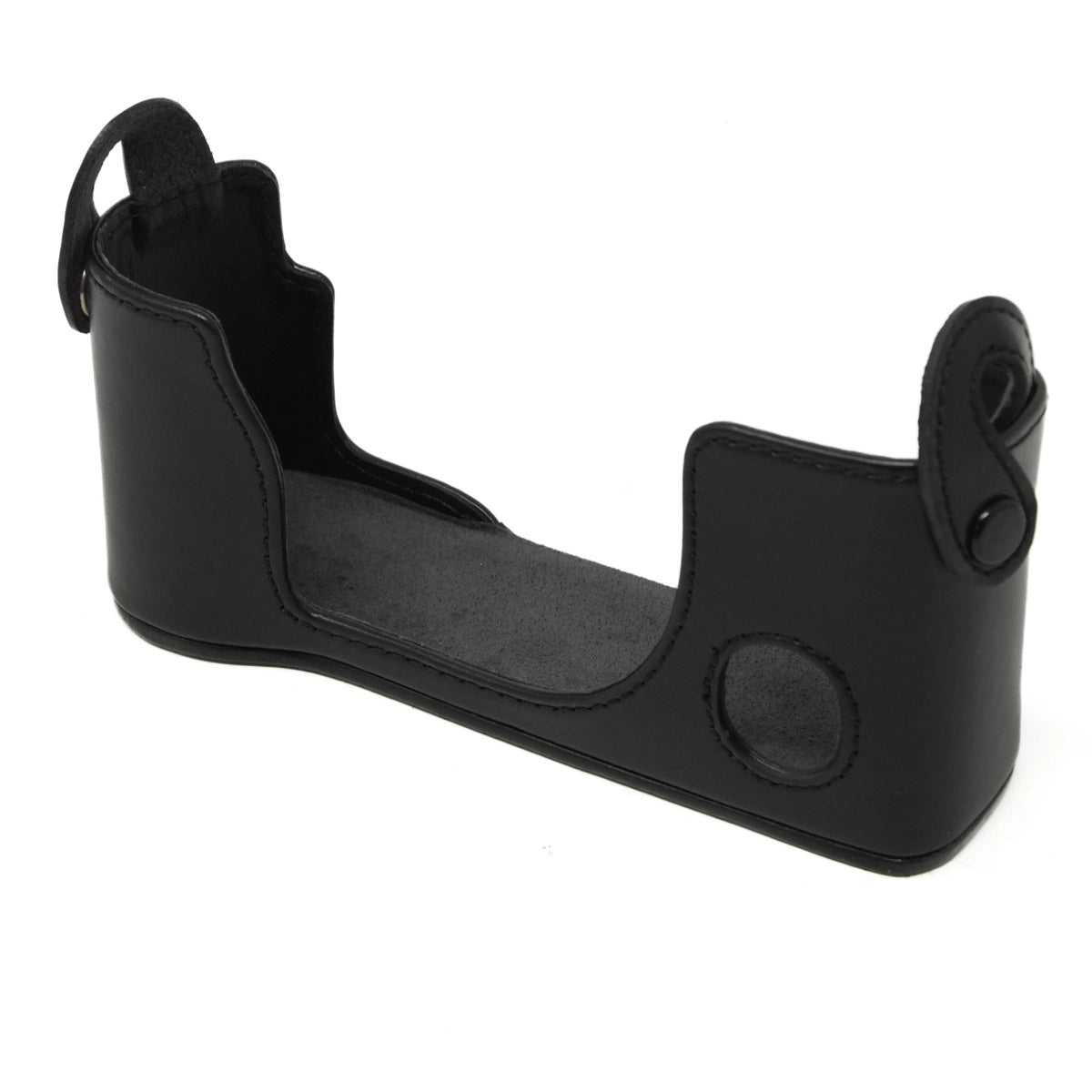 Black protective case for a camera on a white background