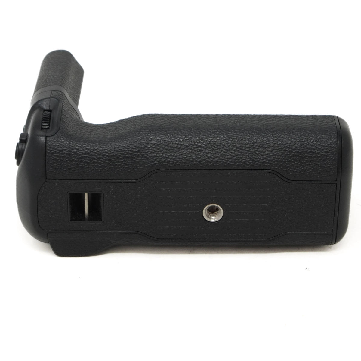 Black camera battery grip on a white background