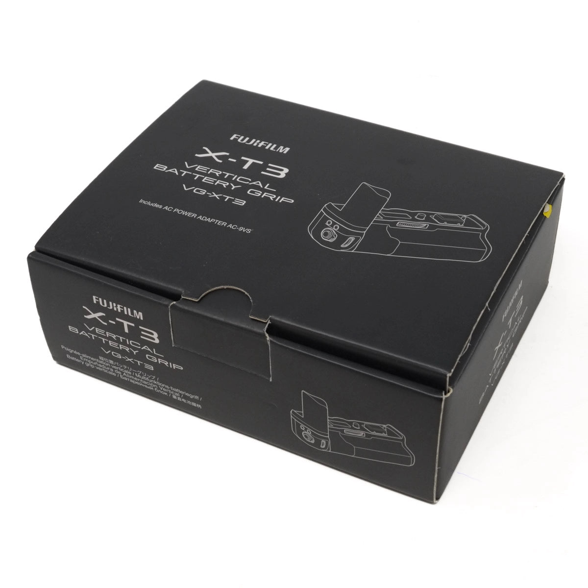 Black box packaging for Fujifilm X-T3 vertical battery grip on a white background