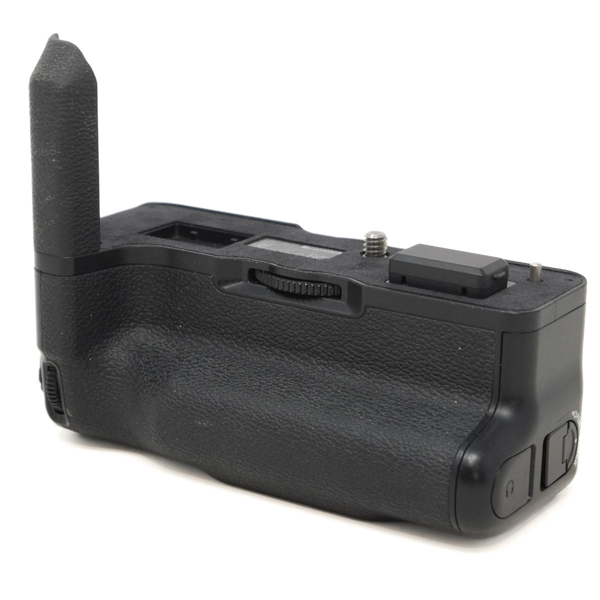 Black camera battery grip on a white background
