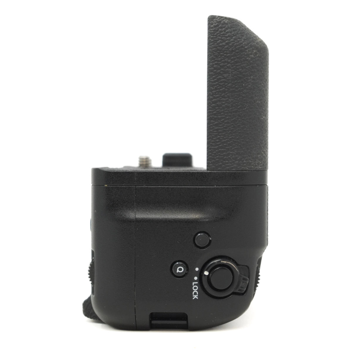 Black camera grip with control buttons on a white background