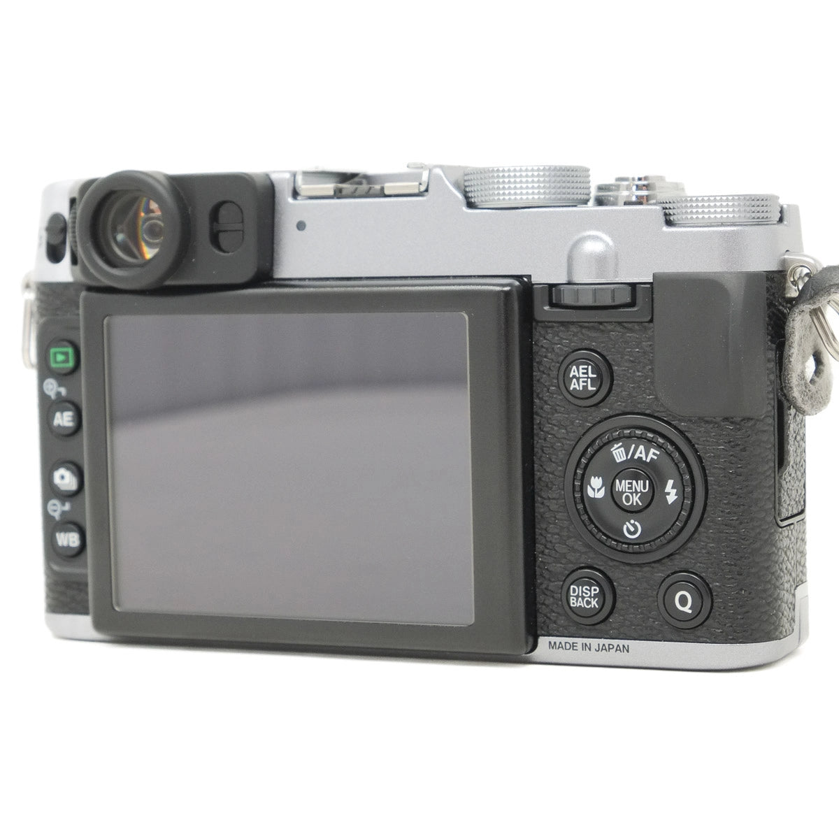 Back view of a camera with screen and control buttons on a white background