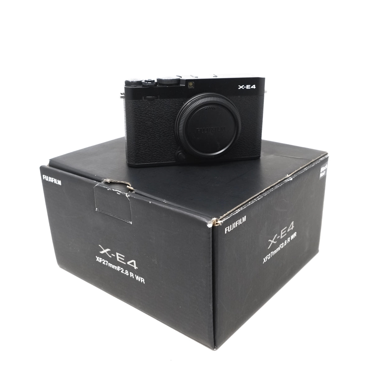 Used Fujifilm X-E4 Mirrorless Camera Body, Act.463 - Boxed - Front angle with box