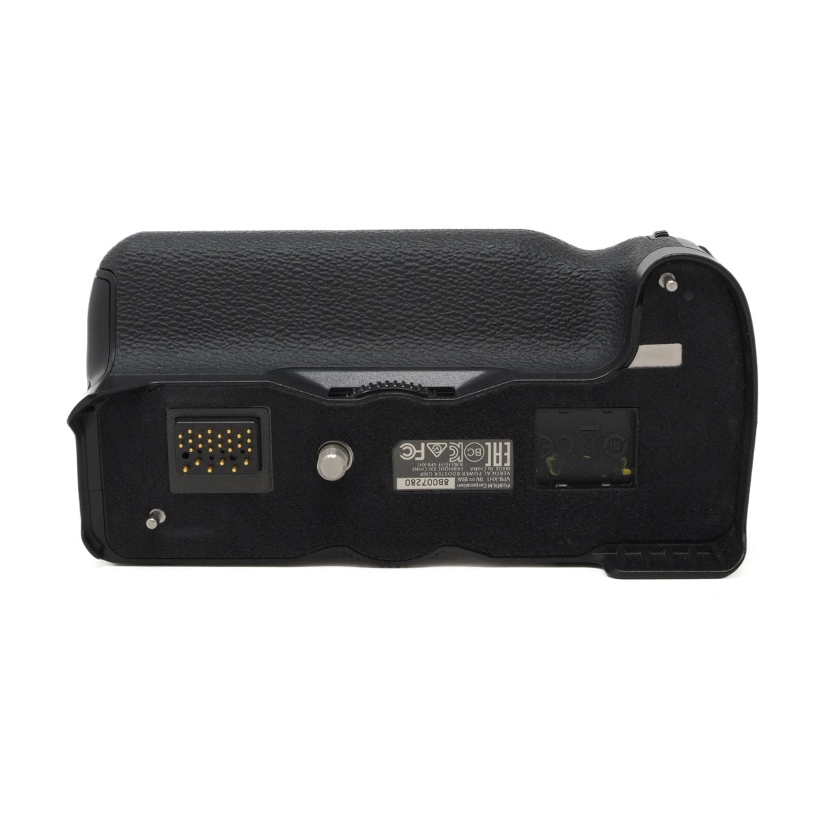 Black camera battery grip on a white background