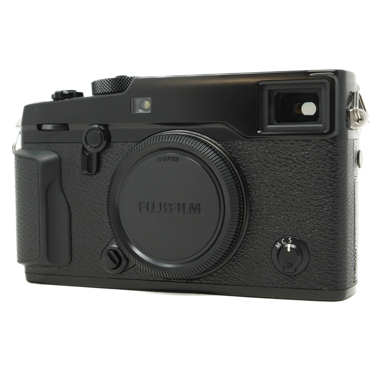 Black Fujifilm camera on a white background
