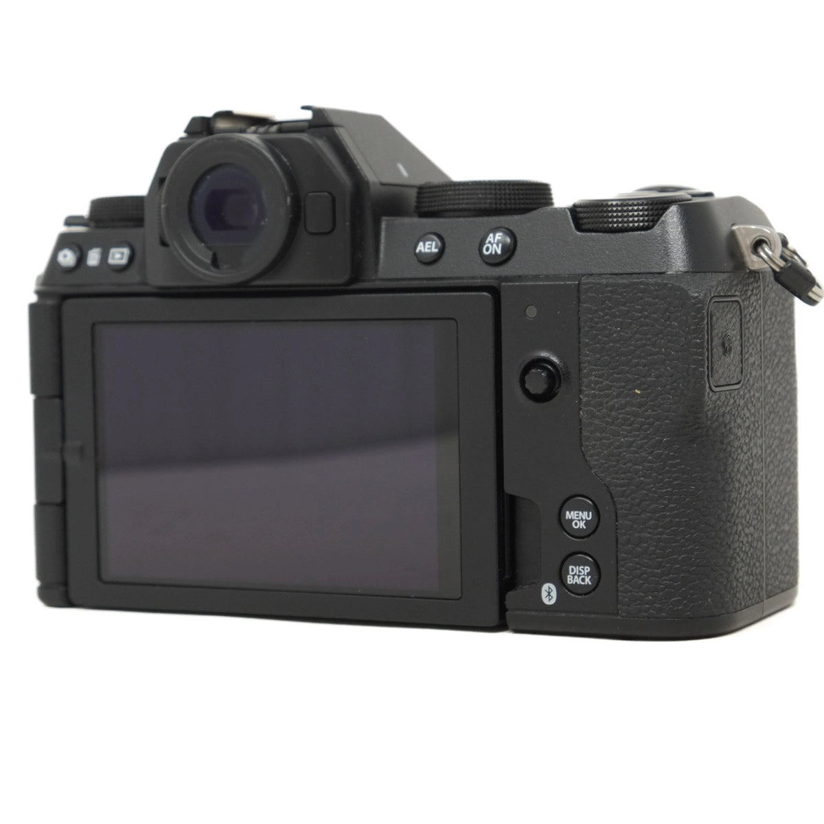 Black camera body with screen and control buttons on a white background