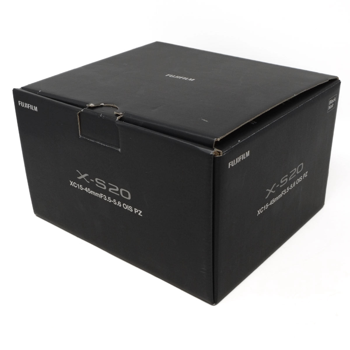 Black box packaging for Fujifilm X-S20 camera on a white background