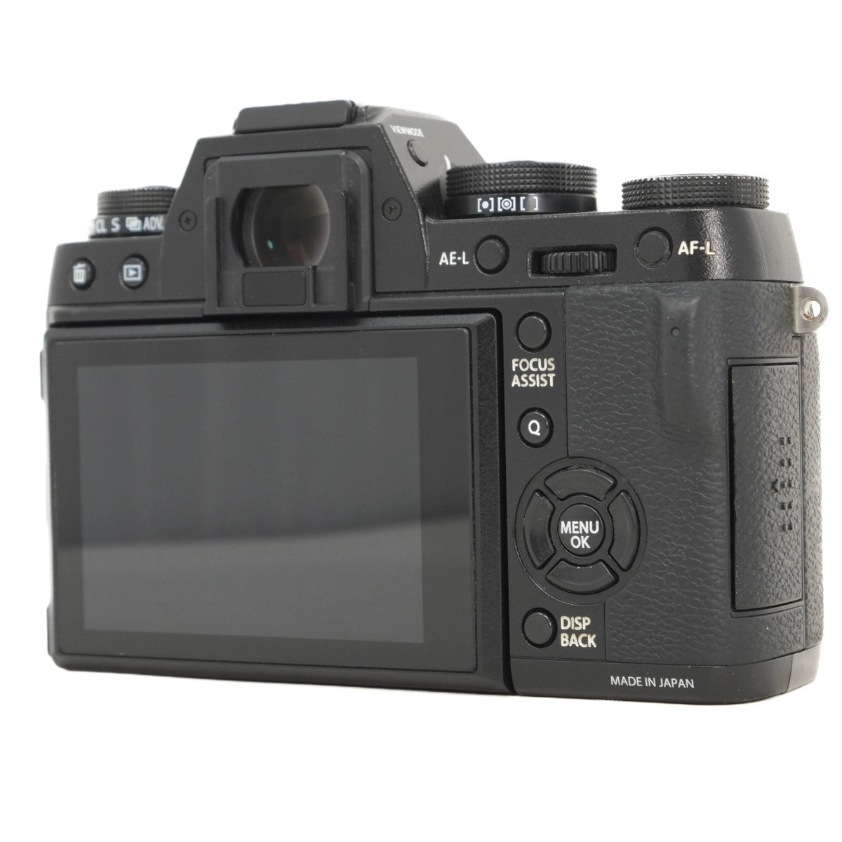 Black camera body with control buttons on a white background