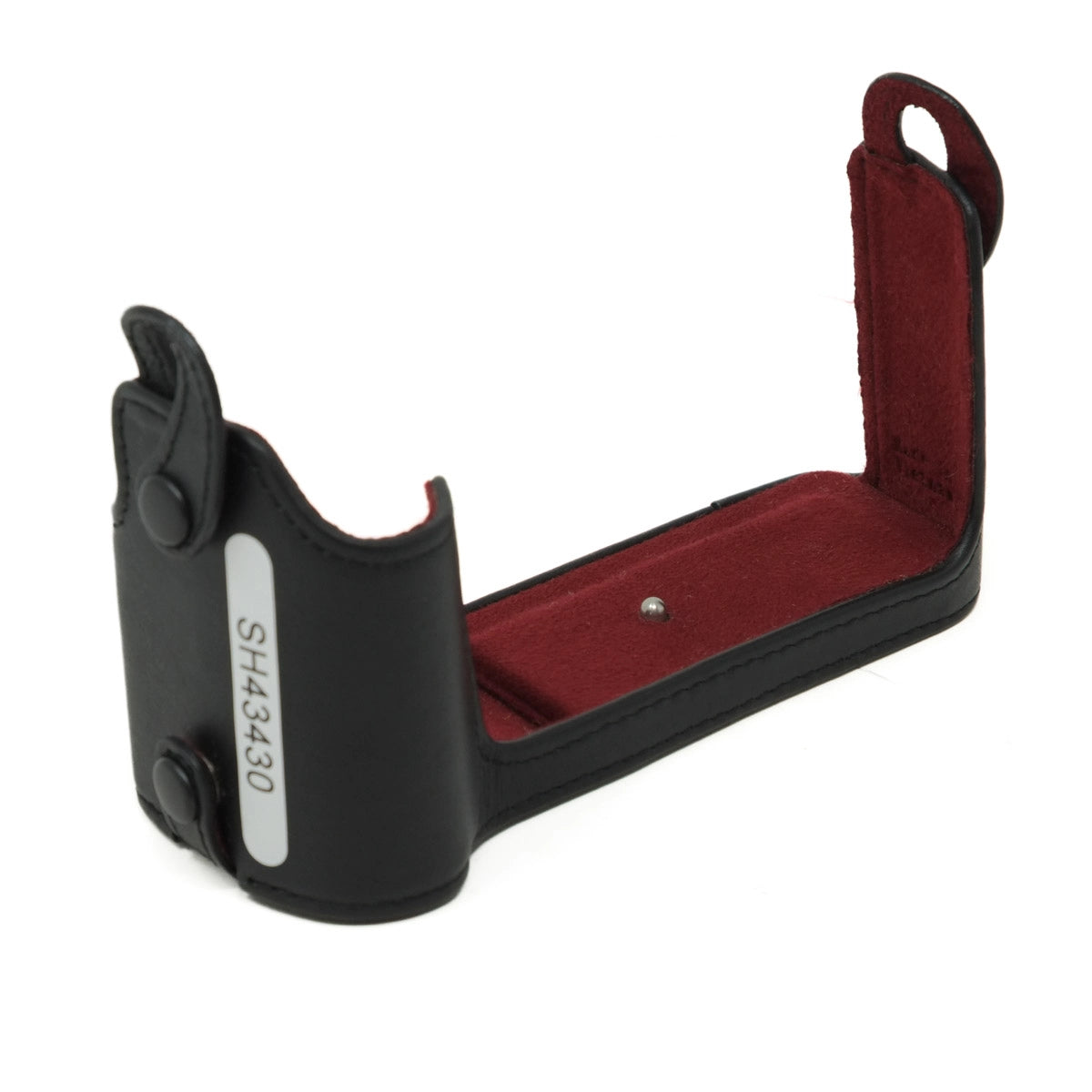 Black leather hard case with red interior on a white background