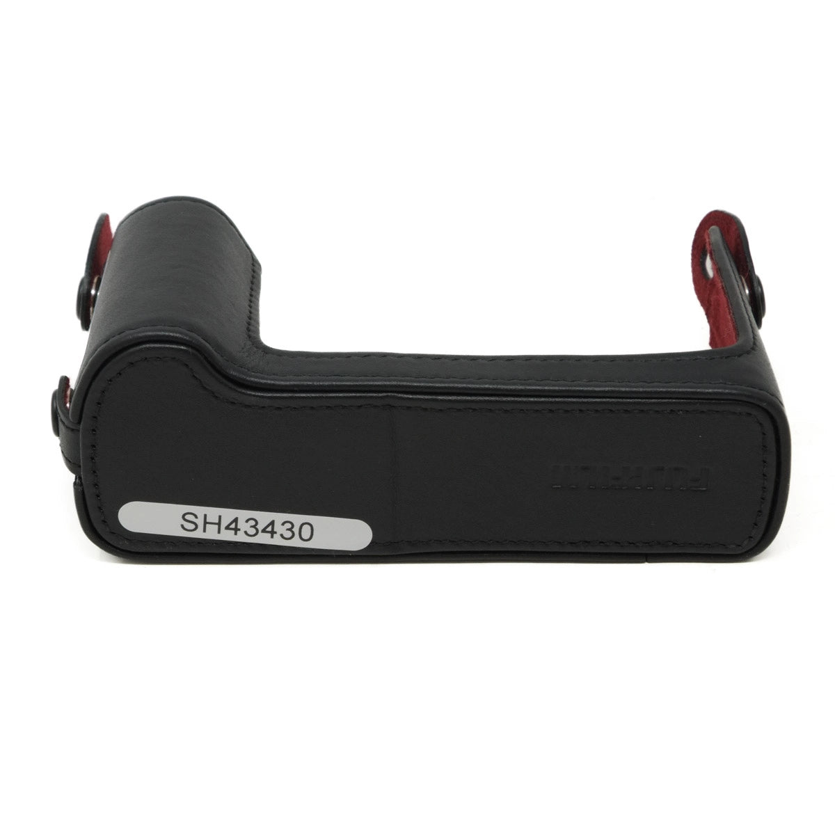 Black leather hard case with red interior on a white background