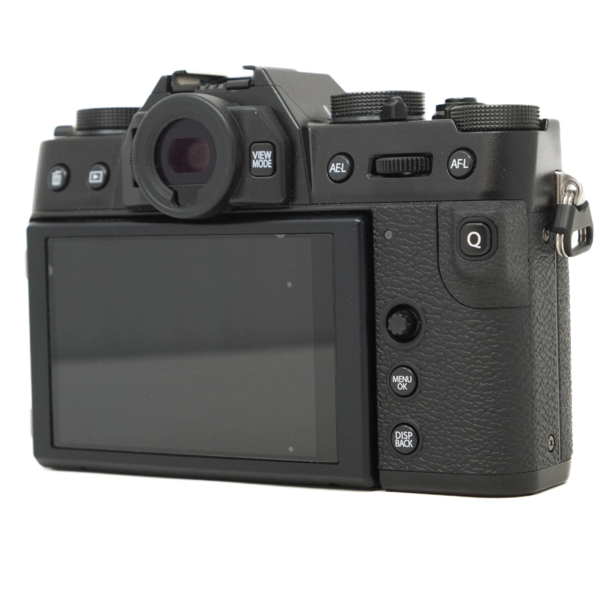 Black camera body with screen and control buttons on a white background