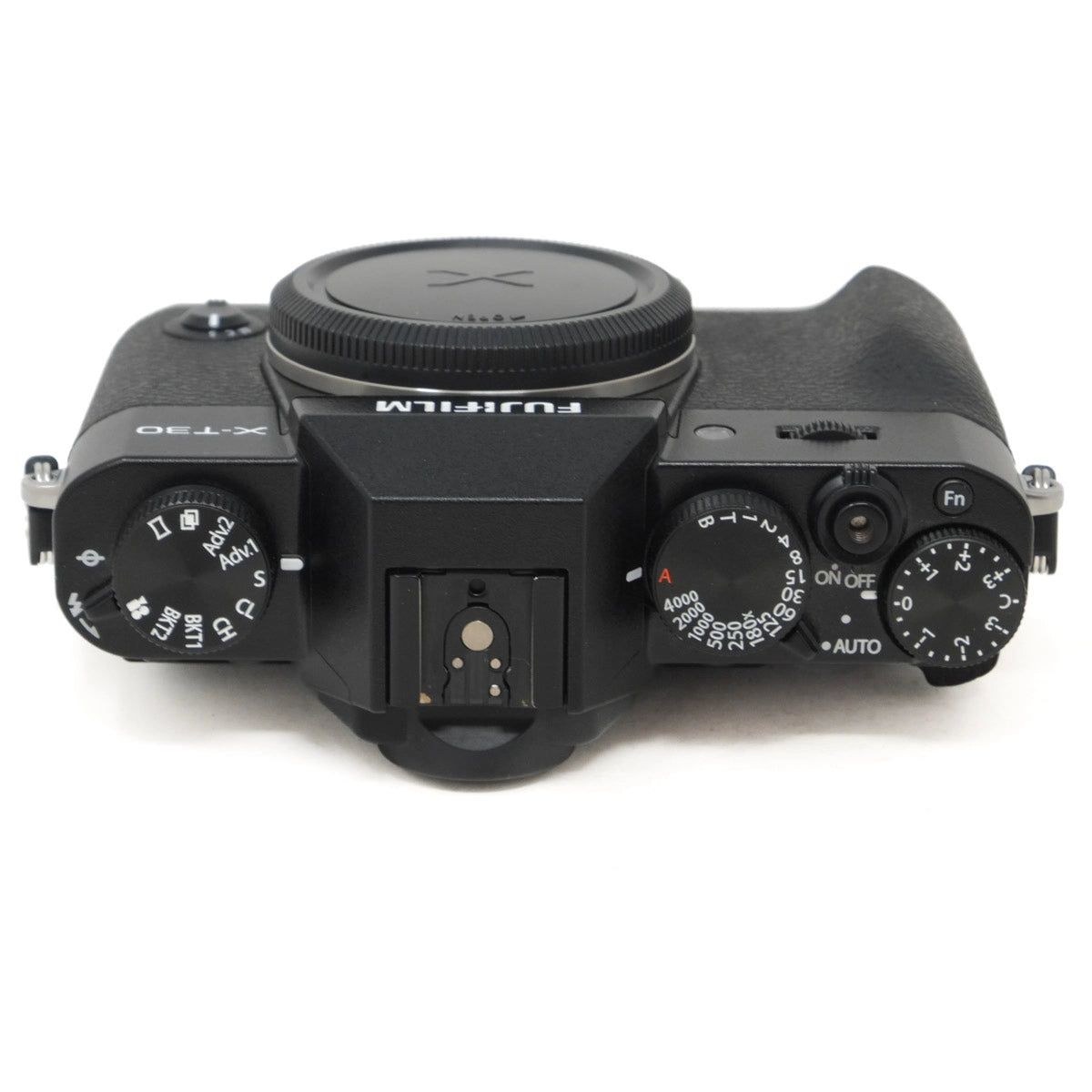Black Fujifilm camera on a white background