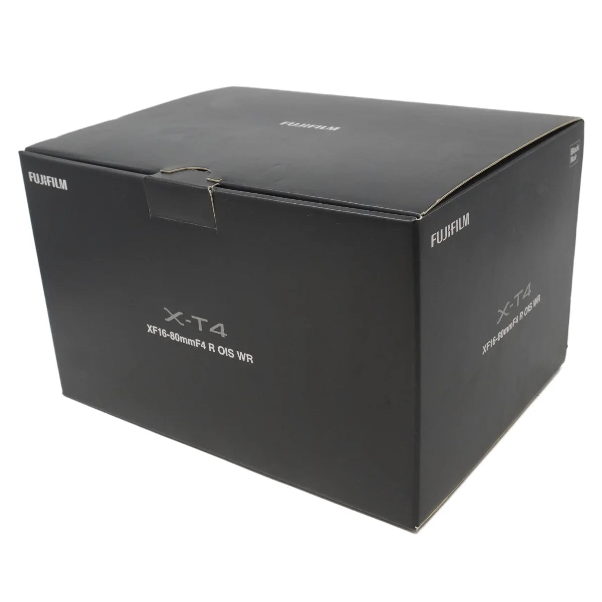 Fujifilm X-T4 XF 18-55mm F4 R OIS WR camera box in matte black with white printed branding and model text, photographed on a clean white background.